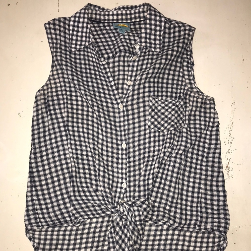 Navy Gingham Button Down Top with Front Tie Accent